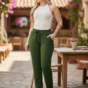 Calça Feminina Malha Fria Leve Com Bolsos Moda Gringa 2026