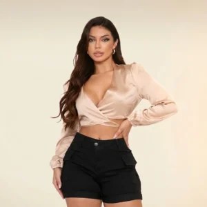 Short Jeans Feminino Shorts Cargo Com Lycra Cintura Alta