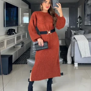 Vestido Midi Tricô Mousse Manga Bufante Inverno 2026
